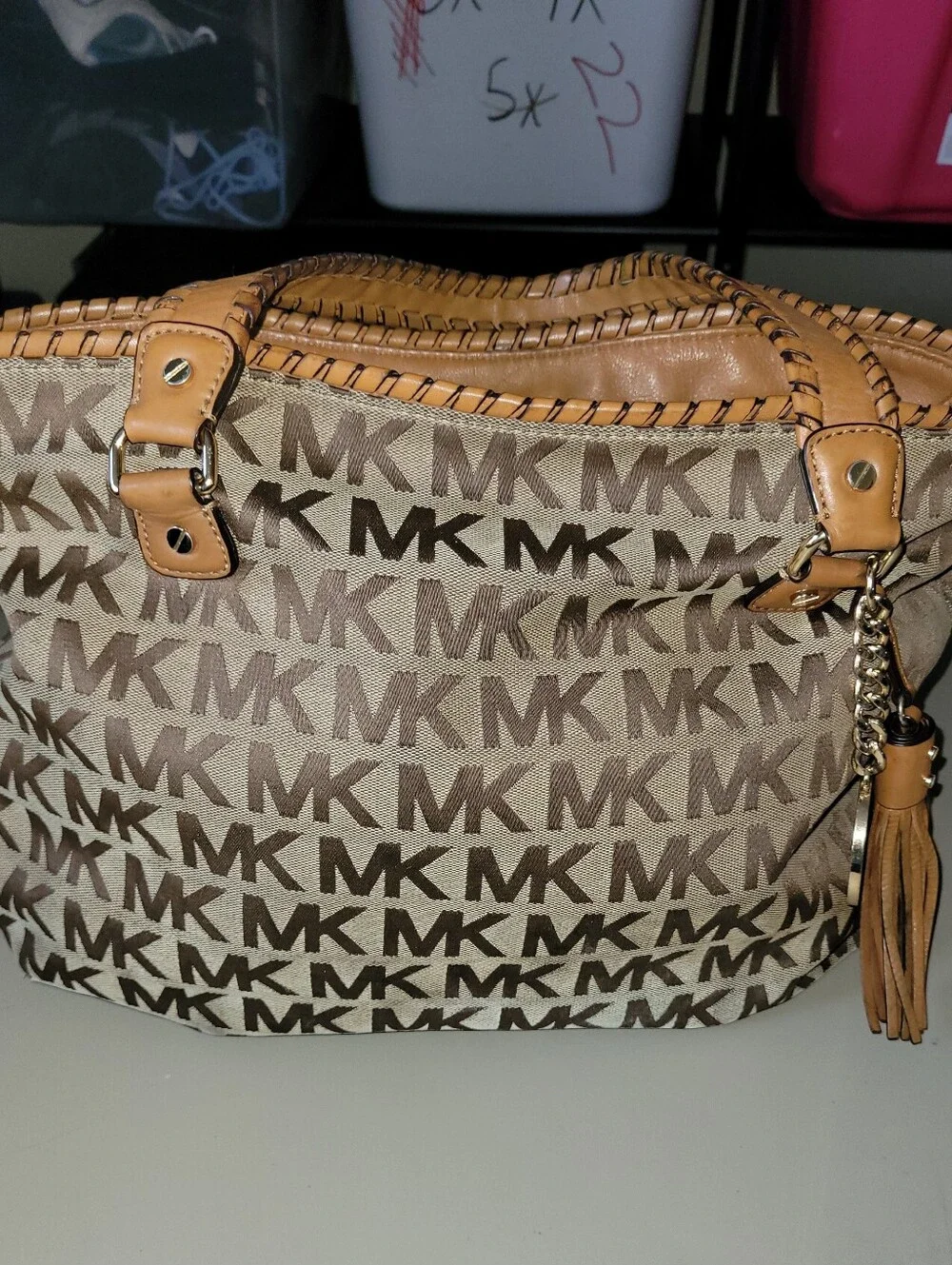 Michael Kors Brown Logo Canvas Tote with Tan Leather Trim.